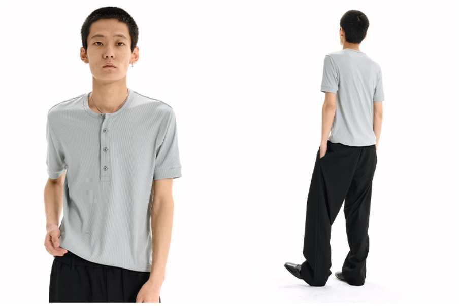 Henley Collar Pit Strip Short Sleeve T-Shirt
