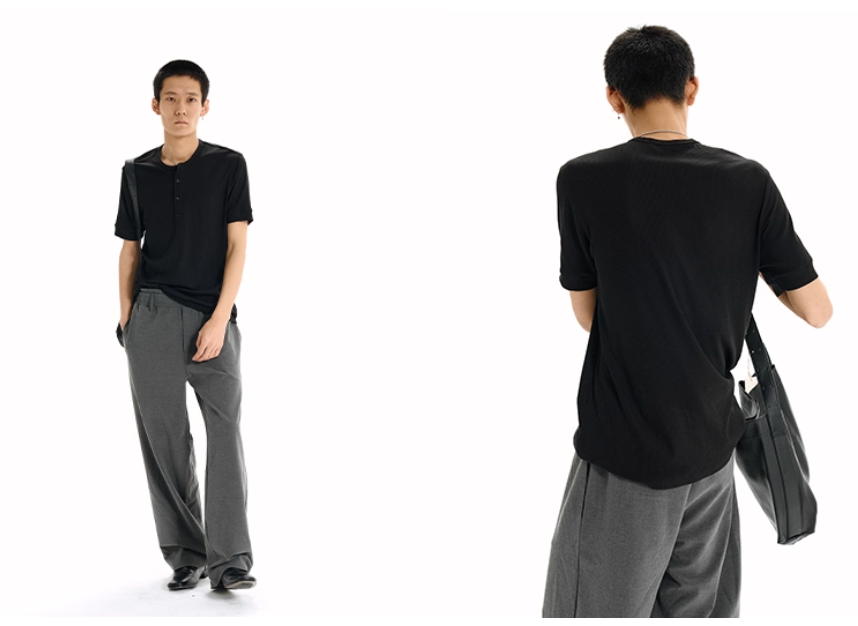 Henley Collar Pit Strip Short Sleeve T-Shirt