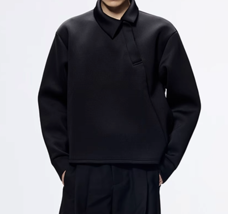 Slanted Neck Long Sleeve Polo Sweat Shirt