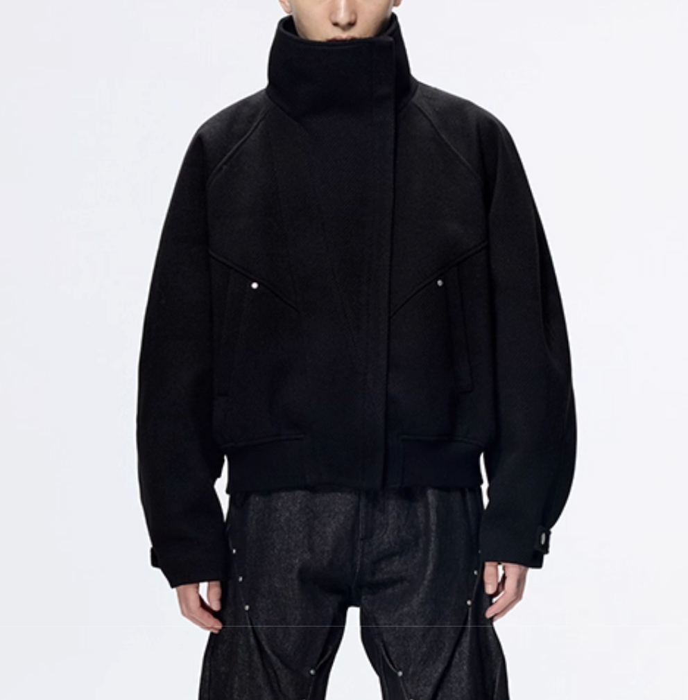 Stand-up Collar Cropped Wool Jacket