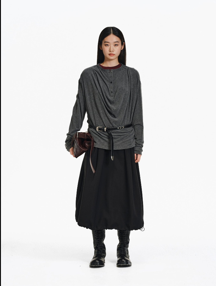 3D Pleats Draped Long Sleeve T-shirt