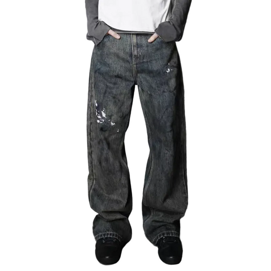Mud-dyed splashed painter denim jeans