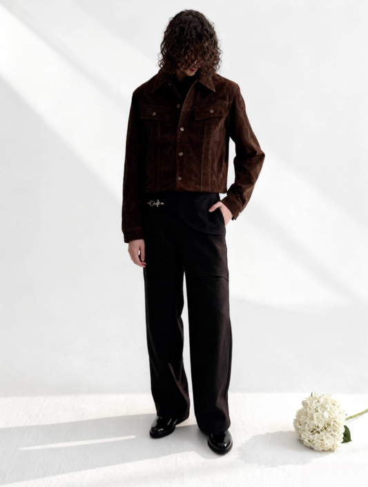 Buckle flip drape wide-leg trousers