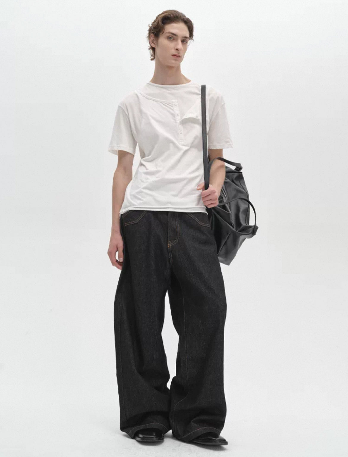 Layered Henley Collar short sleeve T-shirt