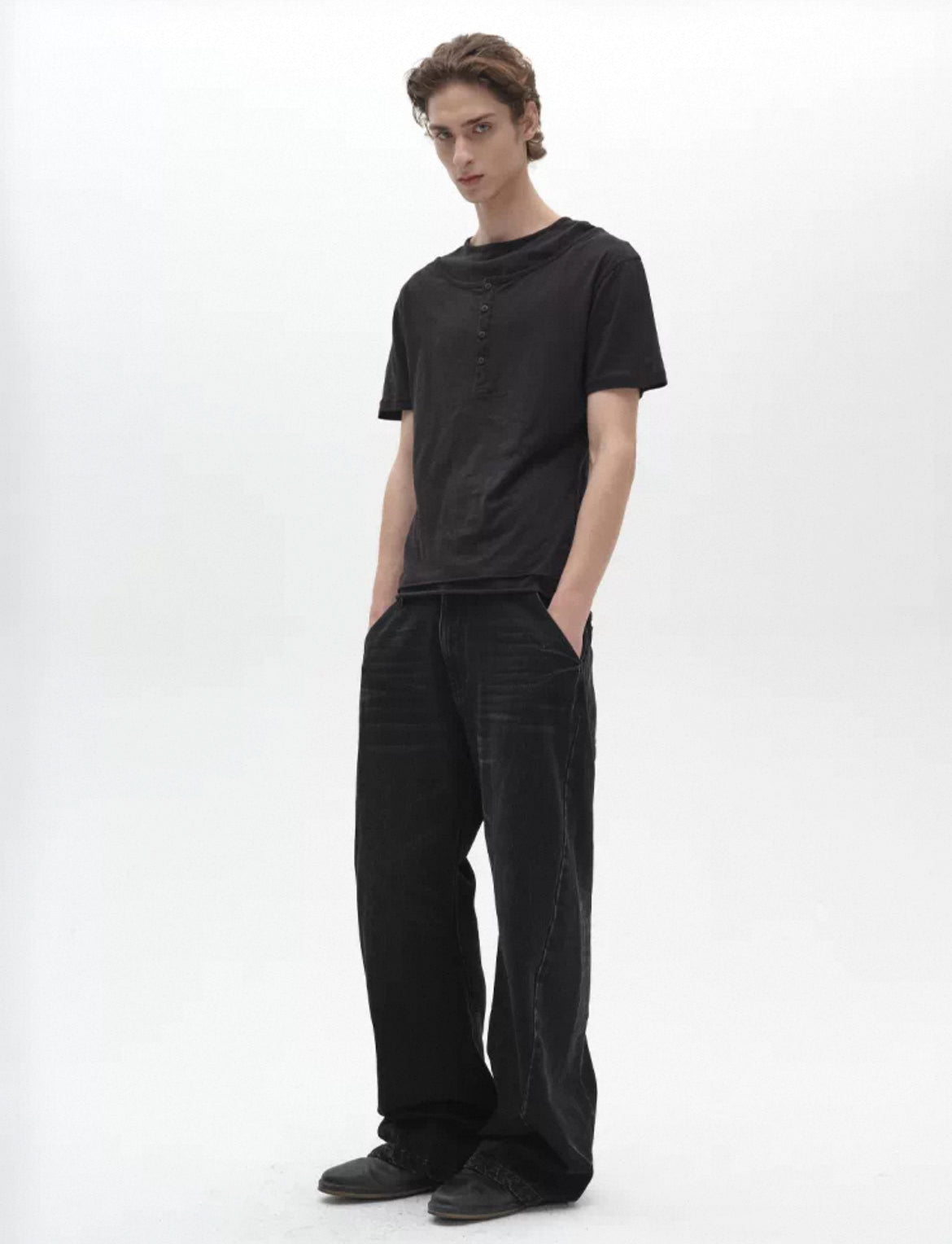 Layered Henley Collar short sleeve T-shirt