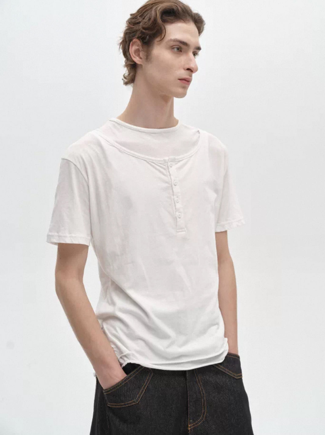 Layered Henley Collar short sleeve T-shirt