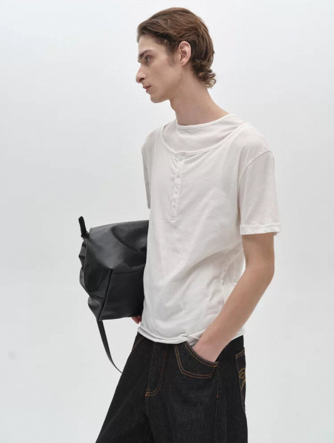 Layered Henley Collar short sleeve T-shirt