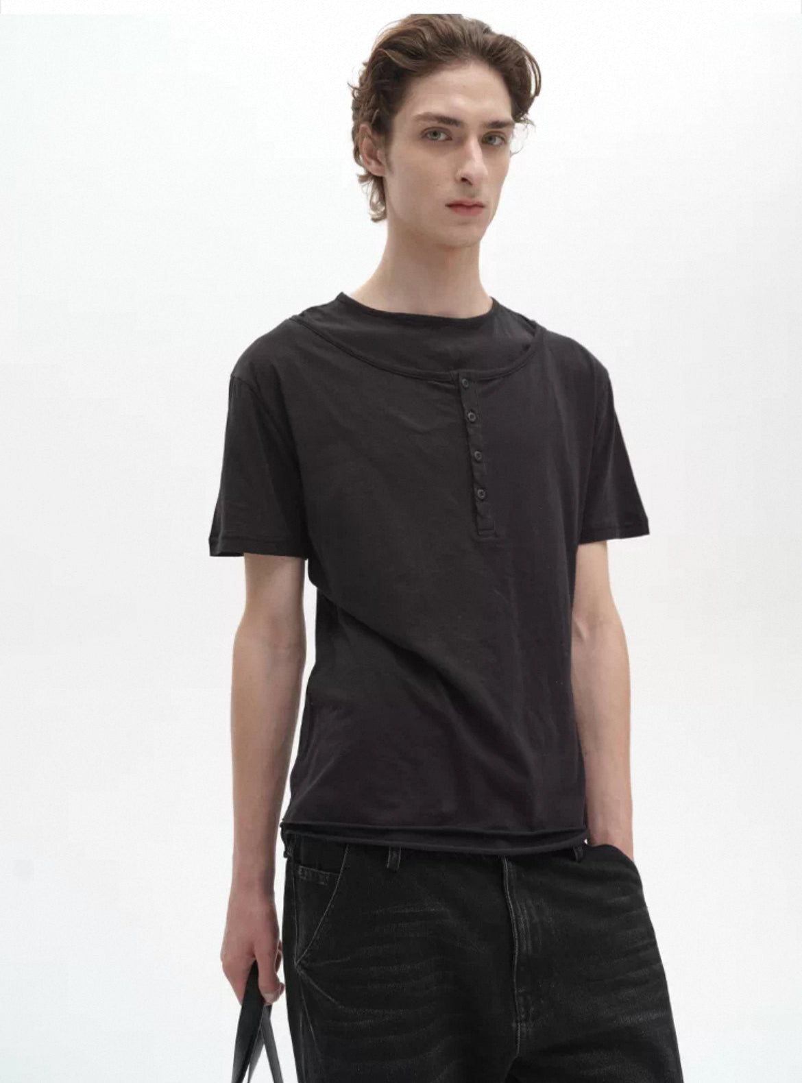 Layered Henley Collar short sleeve T-shirt