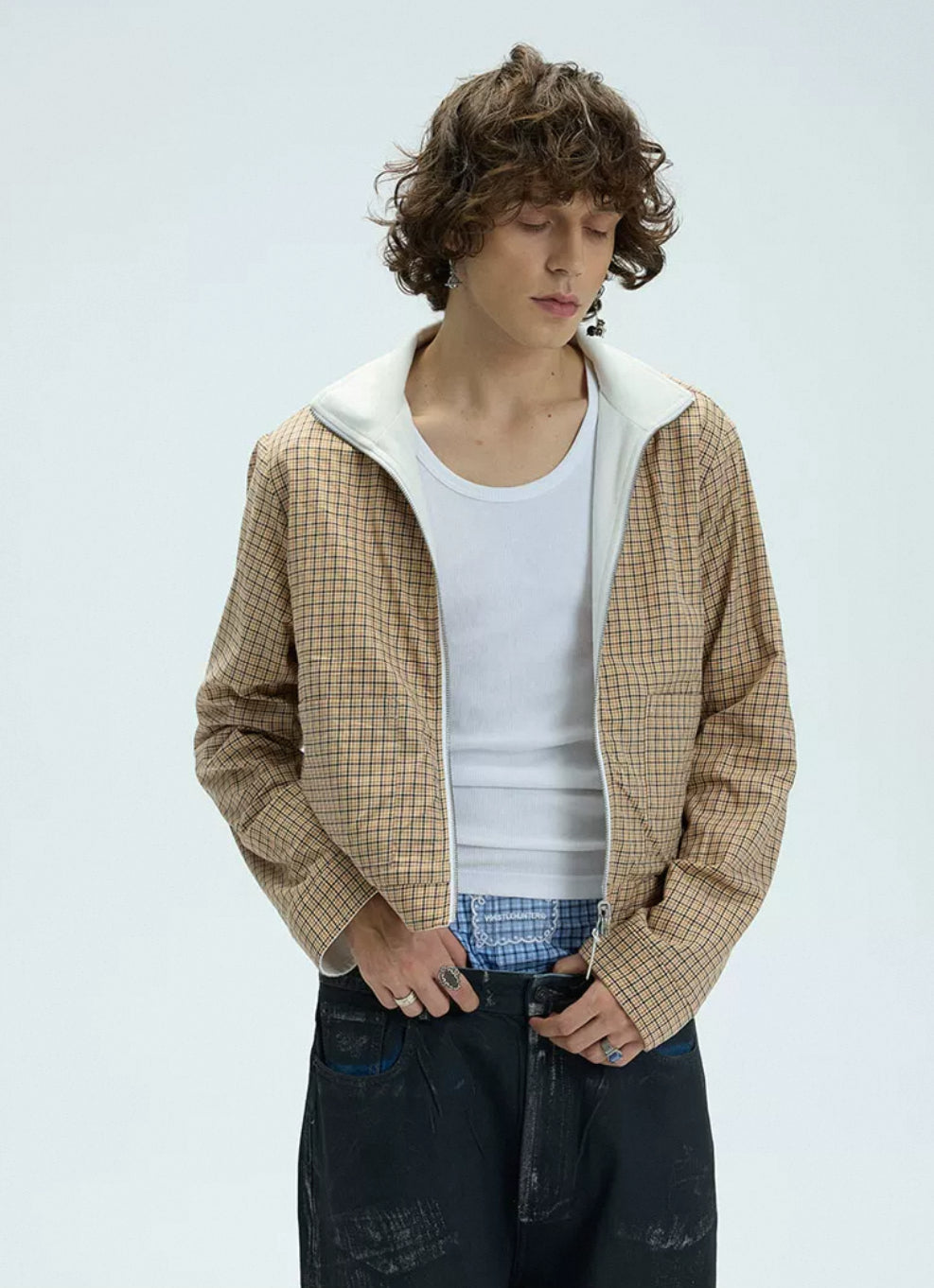 Reversible Checkered Stand up collar jacket