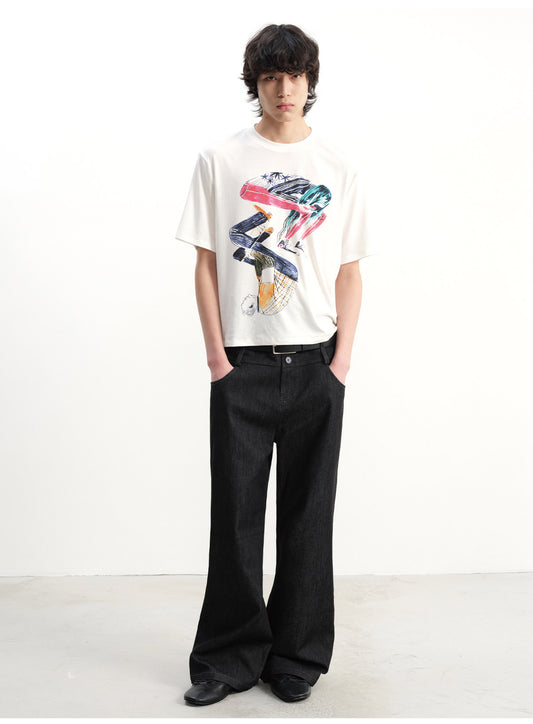 Double-waisted raw cow bootcut jeans