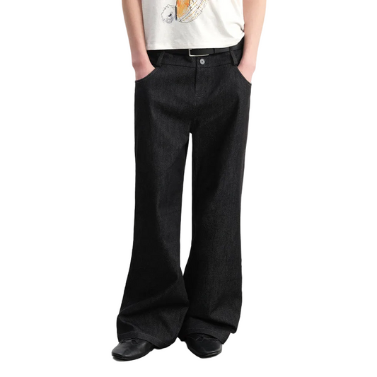 Double-waisted raw cow bootcut jeans