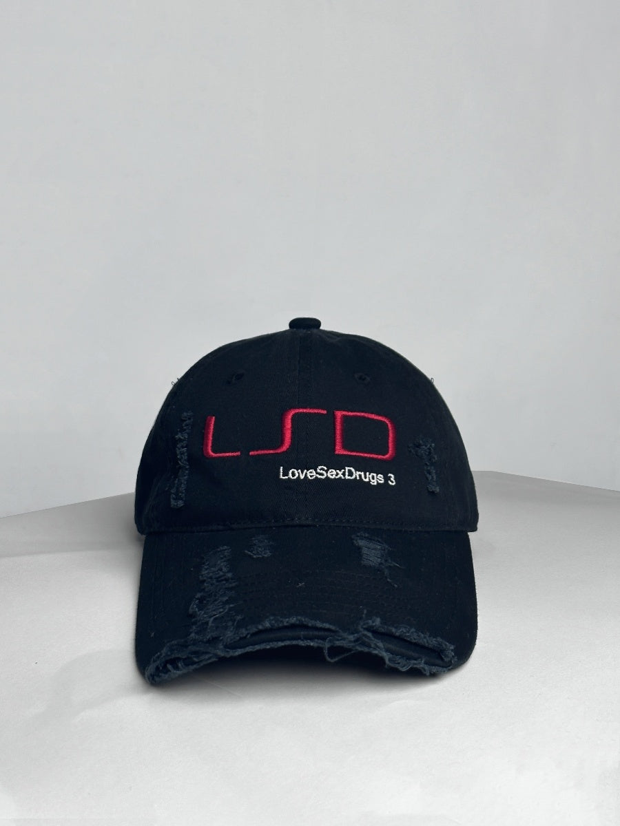 DISTRESSED WASHED BLACK HEAVILY EMBROIDERED LSD CAP
