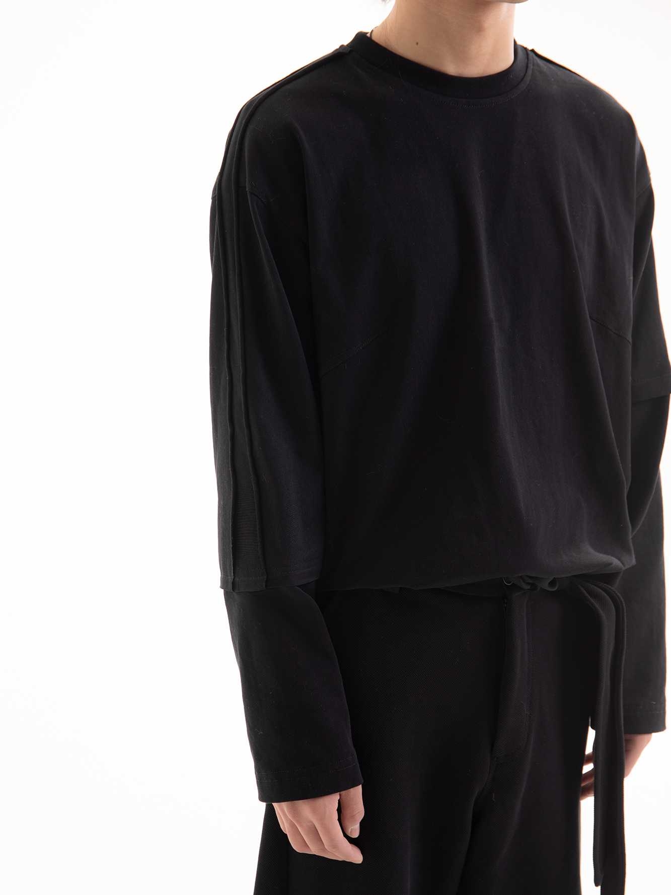 Asymmetrically faux-two-piece solid Long Sleeve T-shirt