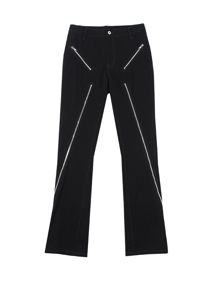 washed slim zipper flared trousers