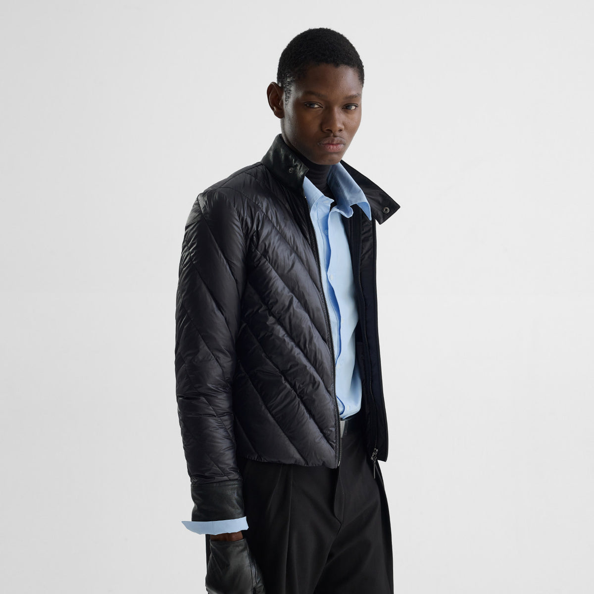 Leather Patchwork Radial Quilted Down Jacket