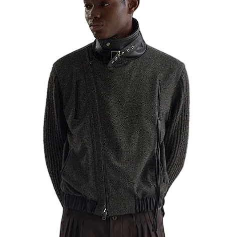 Floral Tweed Slanted Leather Cord Jacket