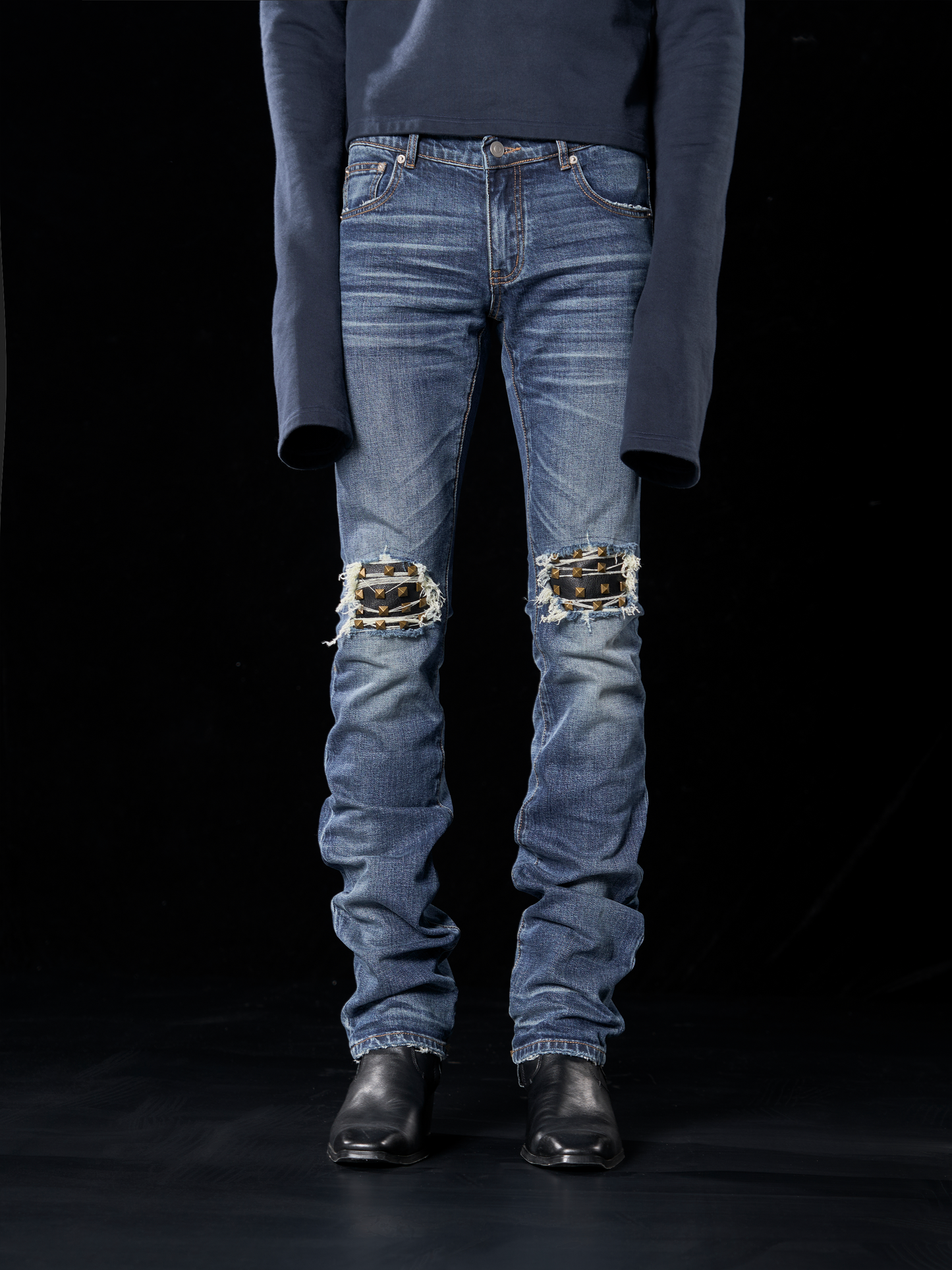 leather rivet slim fit jeans