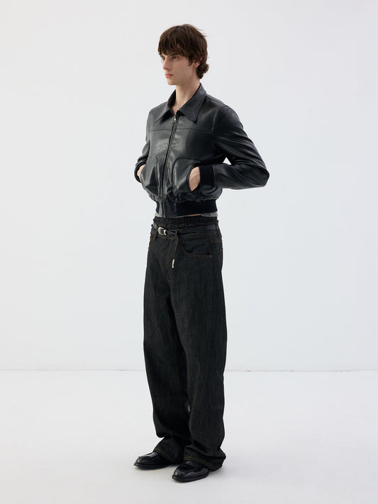 Vintage black short skinny zipper leather jacket