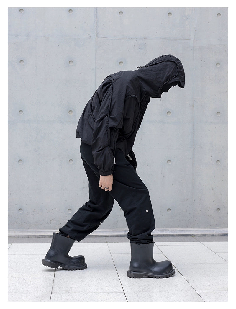 deconstructed drawstring hooded Nylon jacket