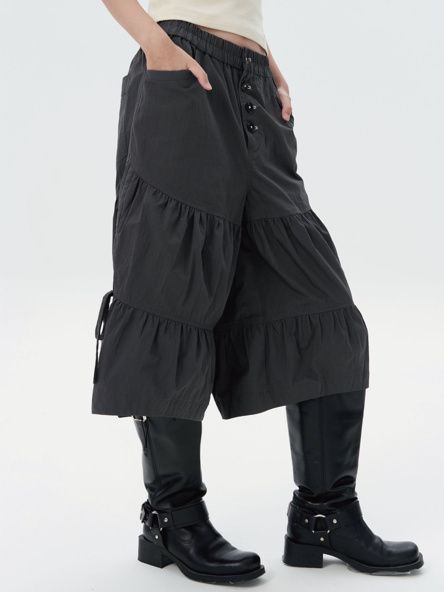 retro cute pleated drawstring micro wide pants