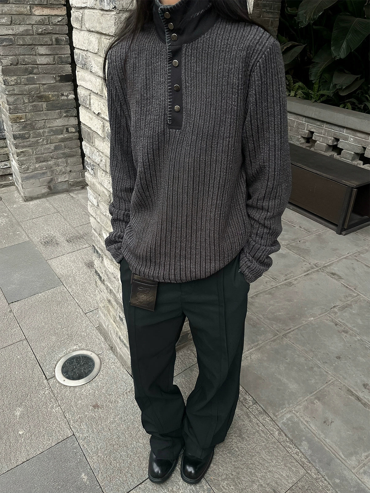 "Urhe" cable stripe stand collar pullover knit sweater