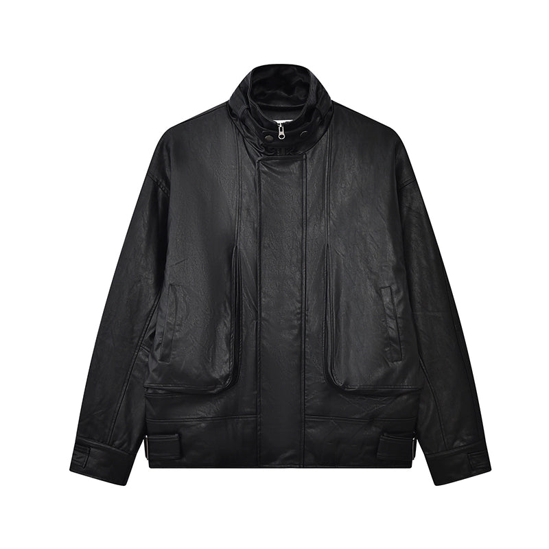 Washed Stand-Collar Leather Jacket