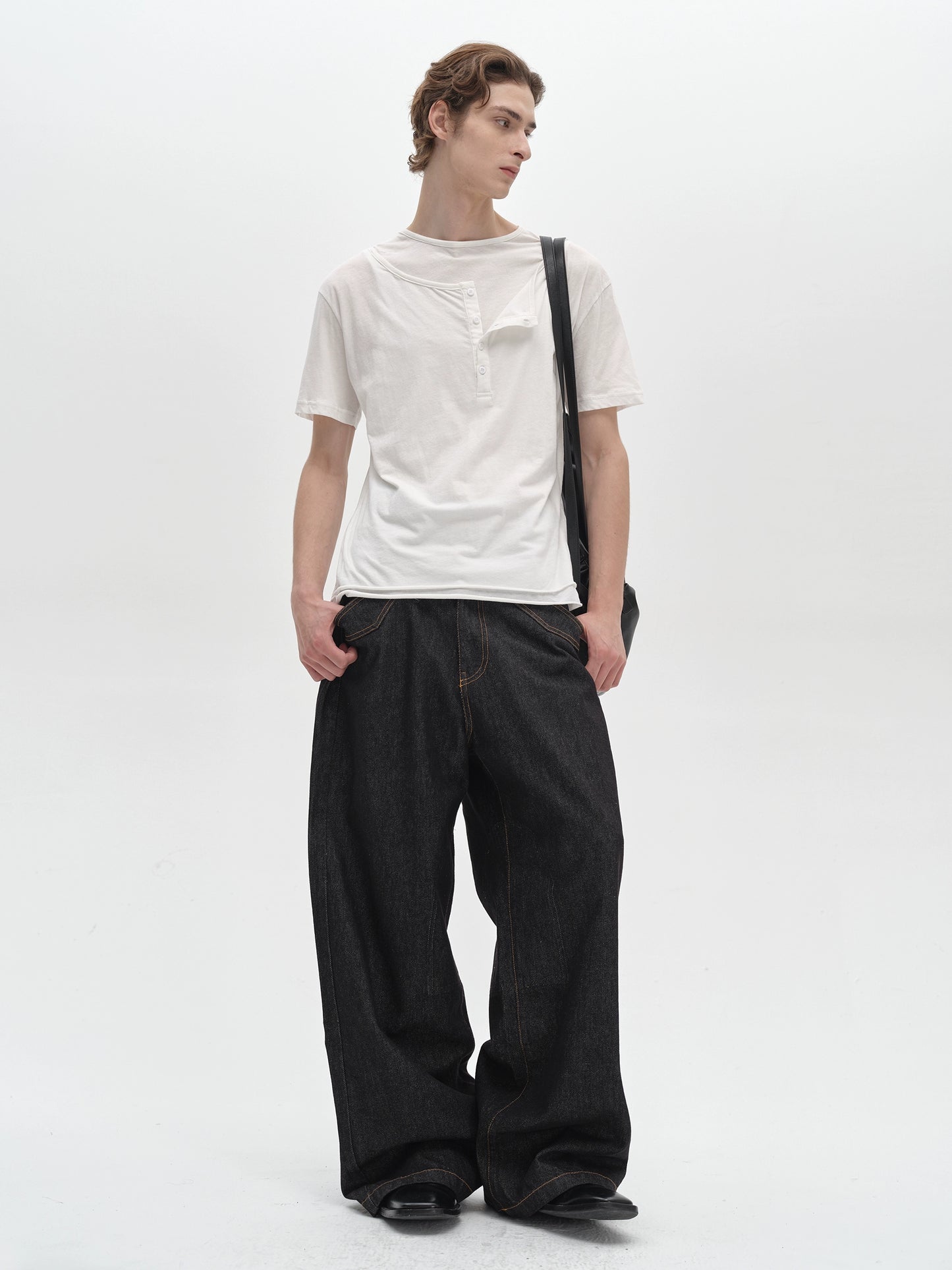 Layered Henley Collar short sleeve T-shirt