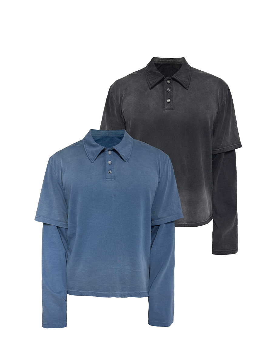 Washed Fake Layered POLO shirt