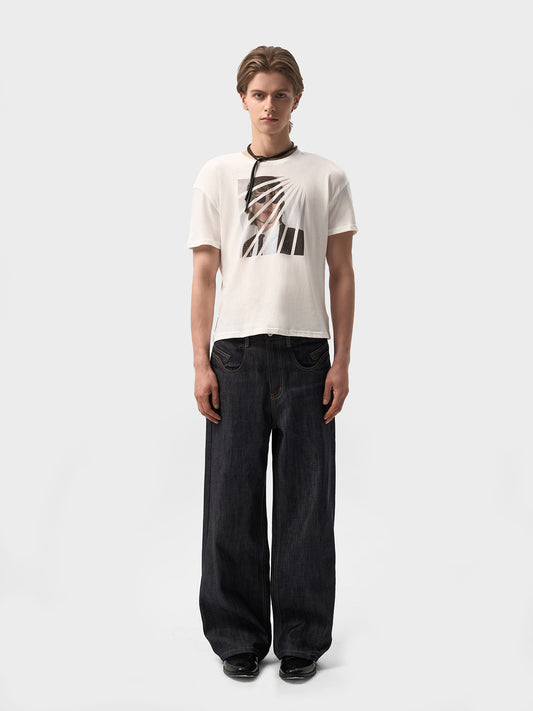 Aged white linen cotton short-sleeved printed T-shirt