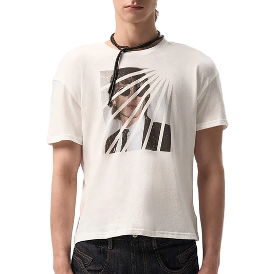 Aged white linen cotton short-sleeved printed T-shirt