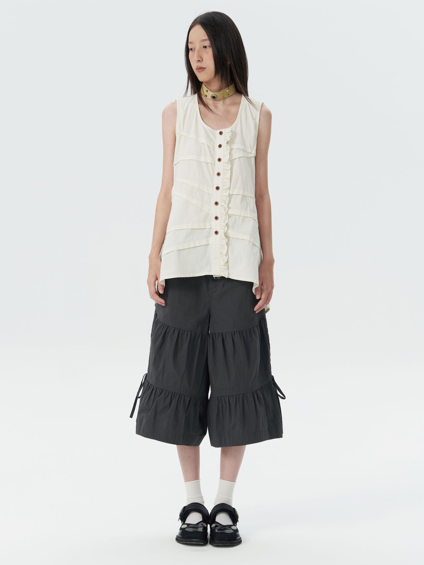 retro cute pleated drawstring micro wide pants