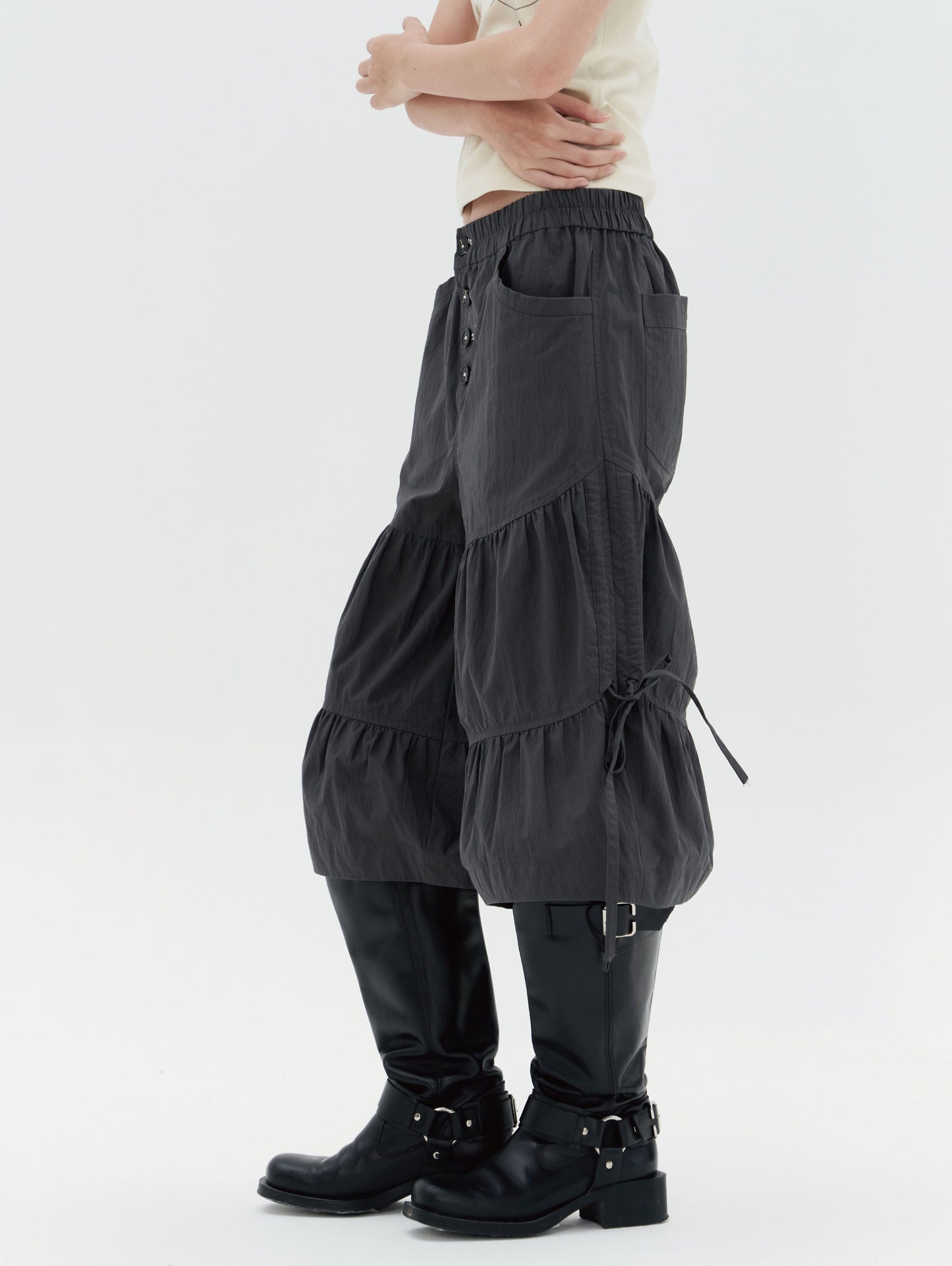 retro cute pleated drawstring micro wide pants