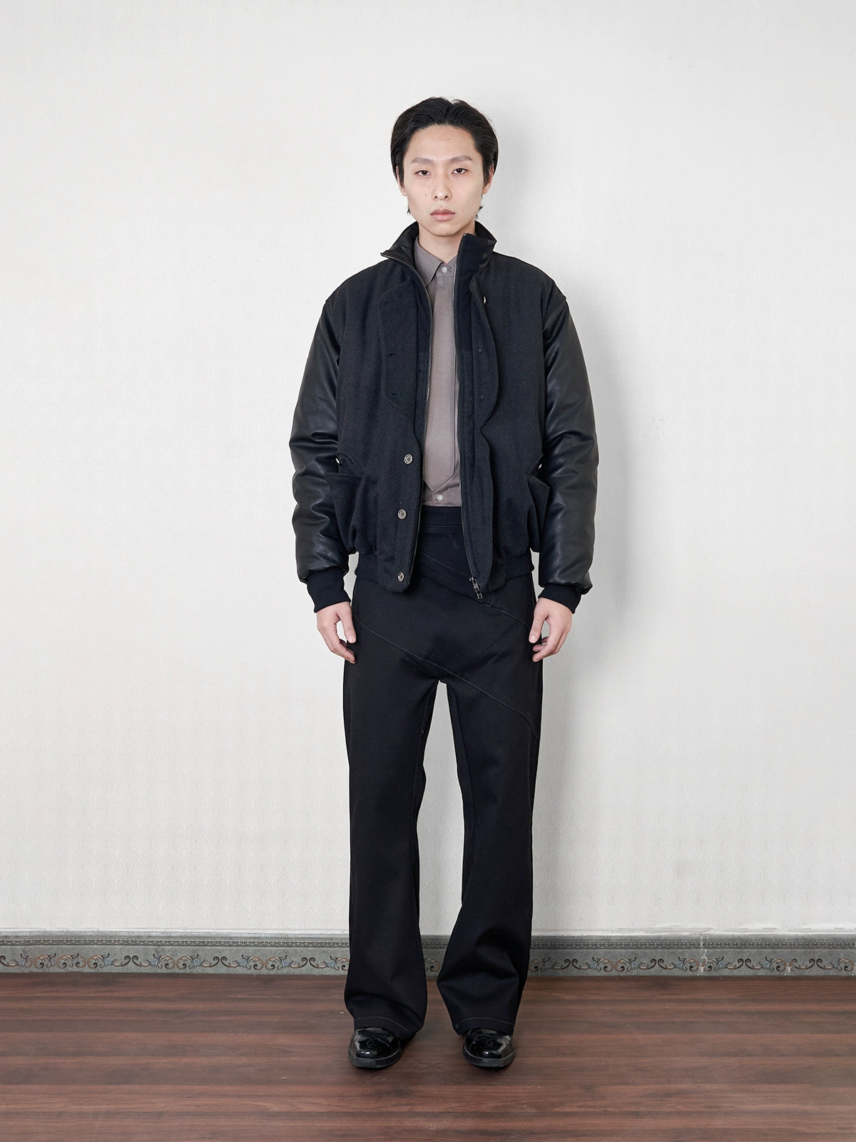 "soja" wool tweed leather sleeve jacket
