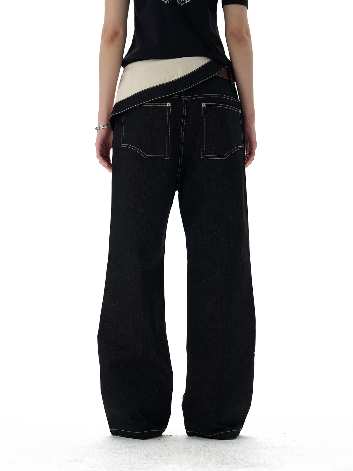 turned-waist black straight-leg jeans