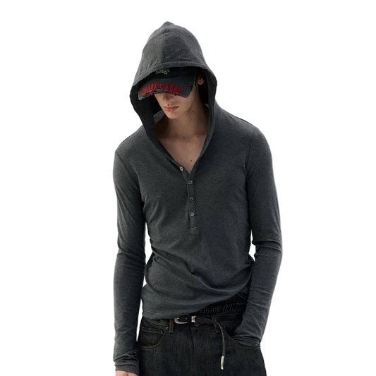 Hooded Henley Collar long-sleeve T-shirt