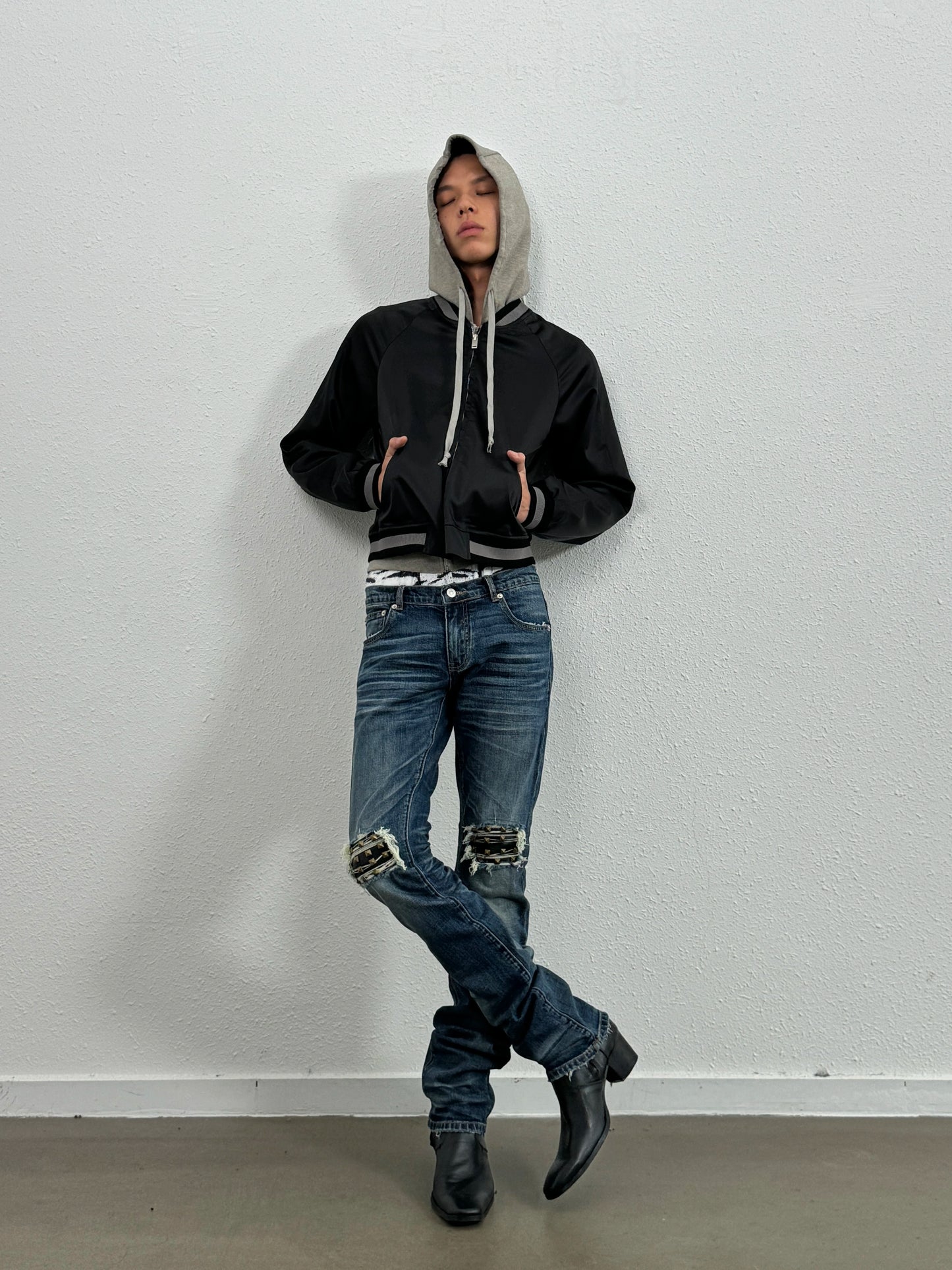 leather rivet slim fit jeans