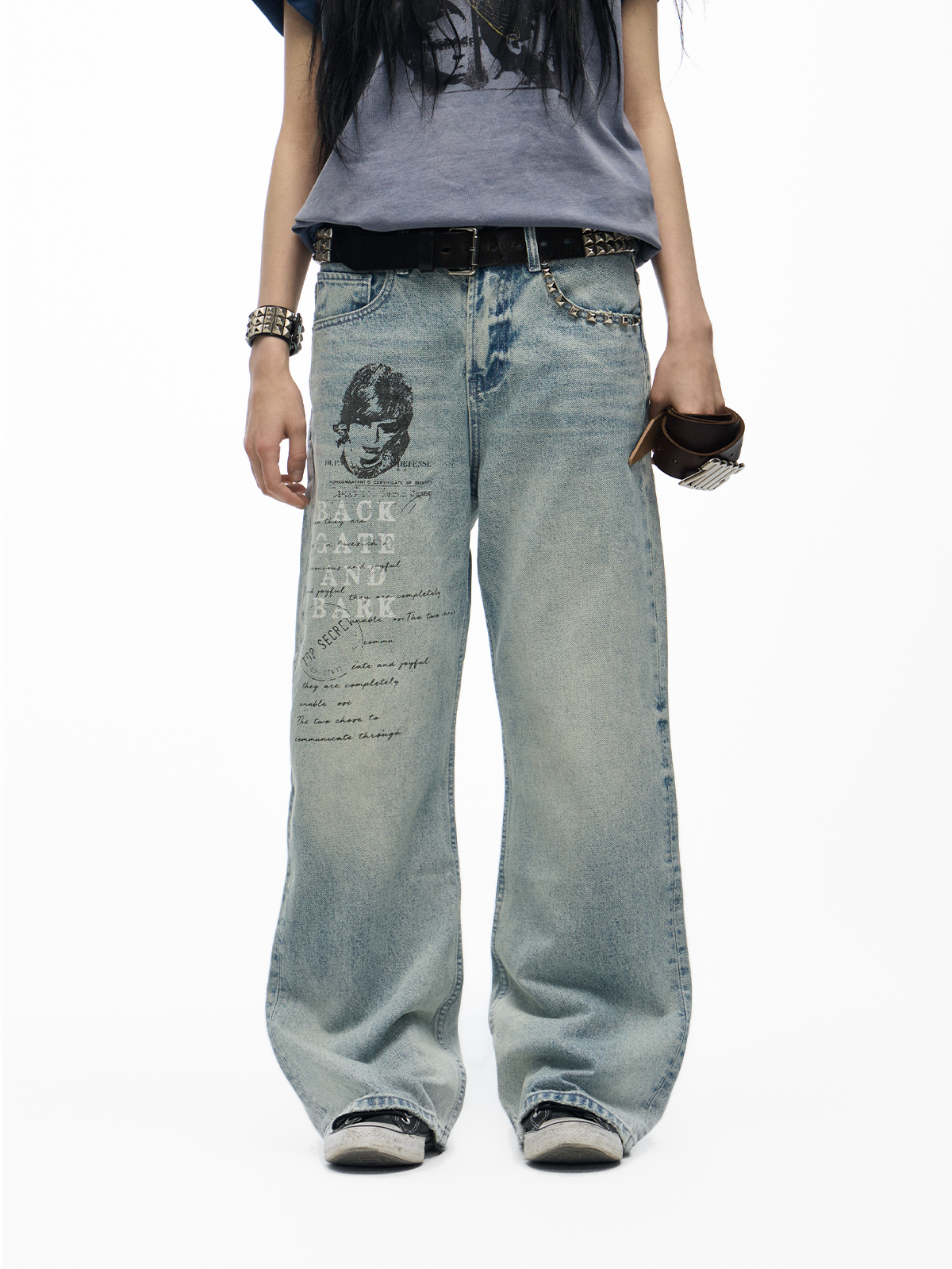 side studs washed bootcut jeans