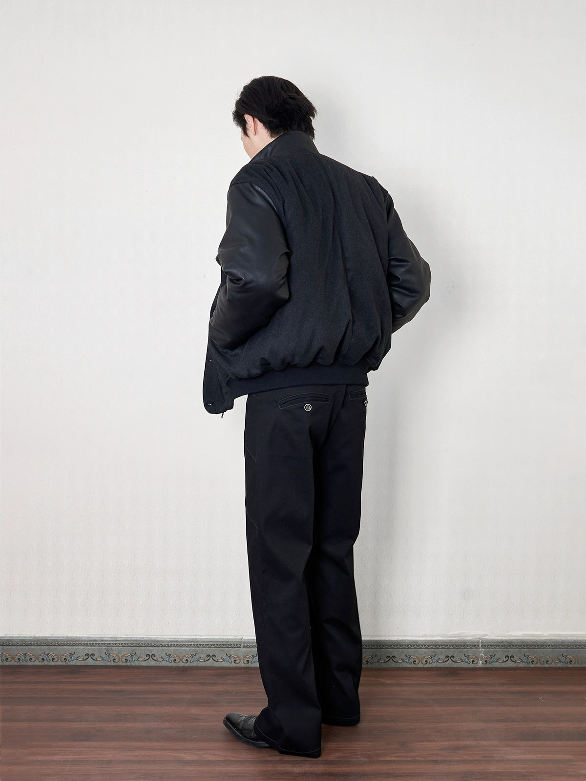 "soja" wool tweed leather sleeve jacket