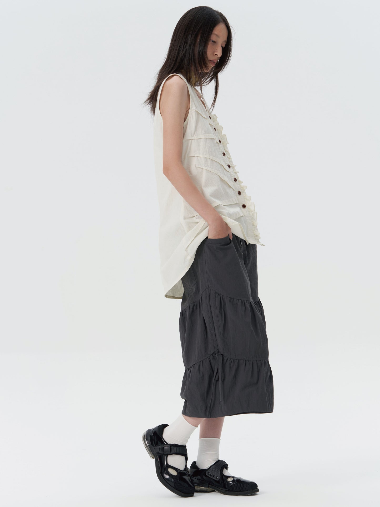 retro cute pleated drawstring micro wide pants