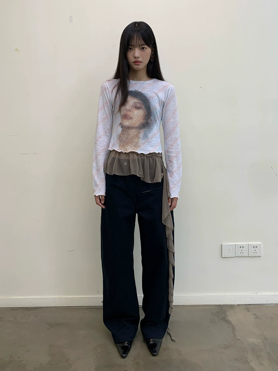 PRINTED LONG SLEEVE KNIT T-SHIRT
