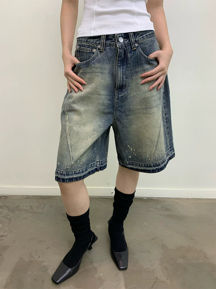 hand paint distressed denim shorts
