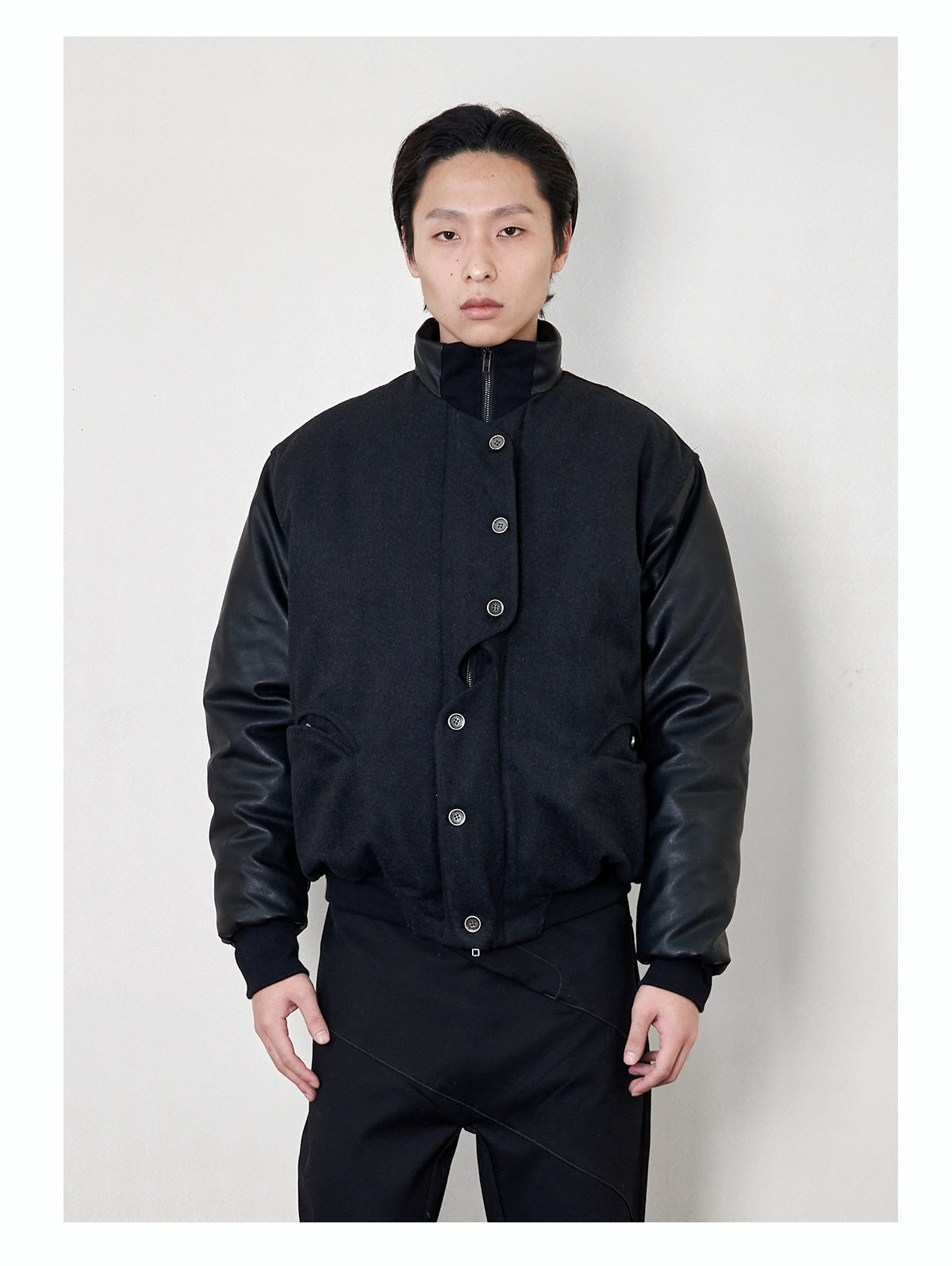 "soja" wool tweed leather sleeve jacket