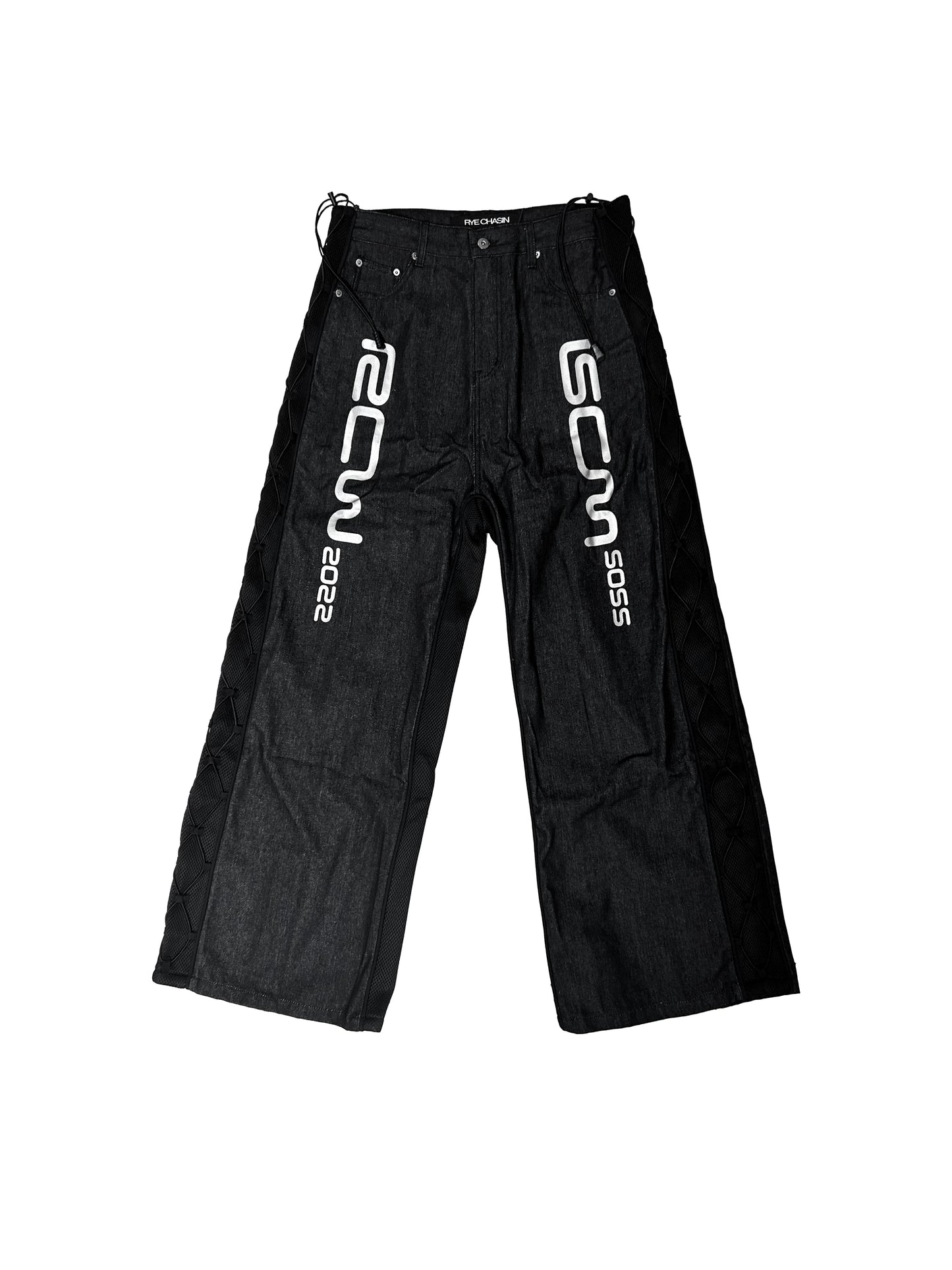 90s black mesh stitching reflective silver denim jeans