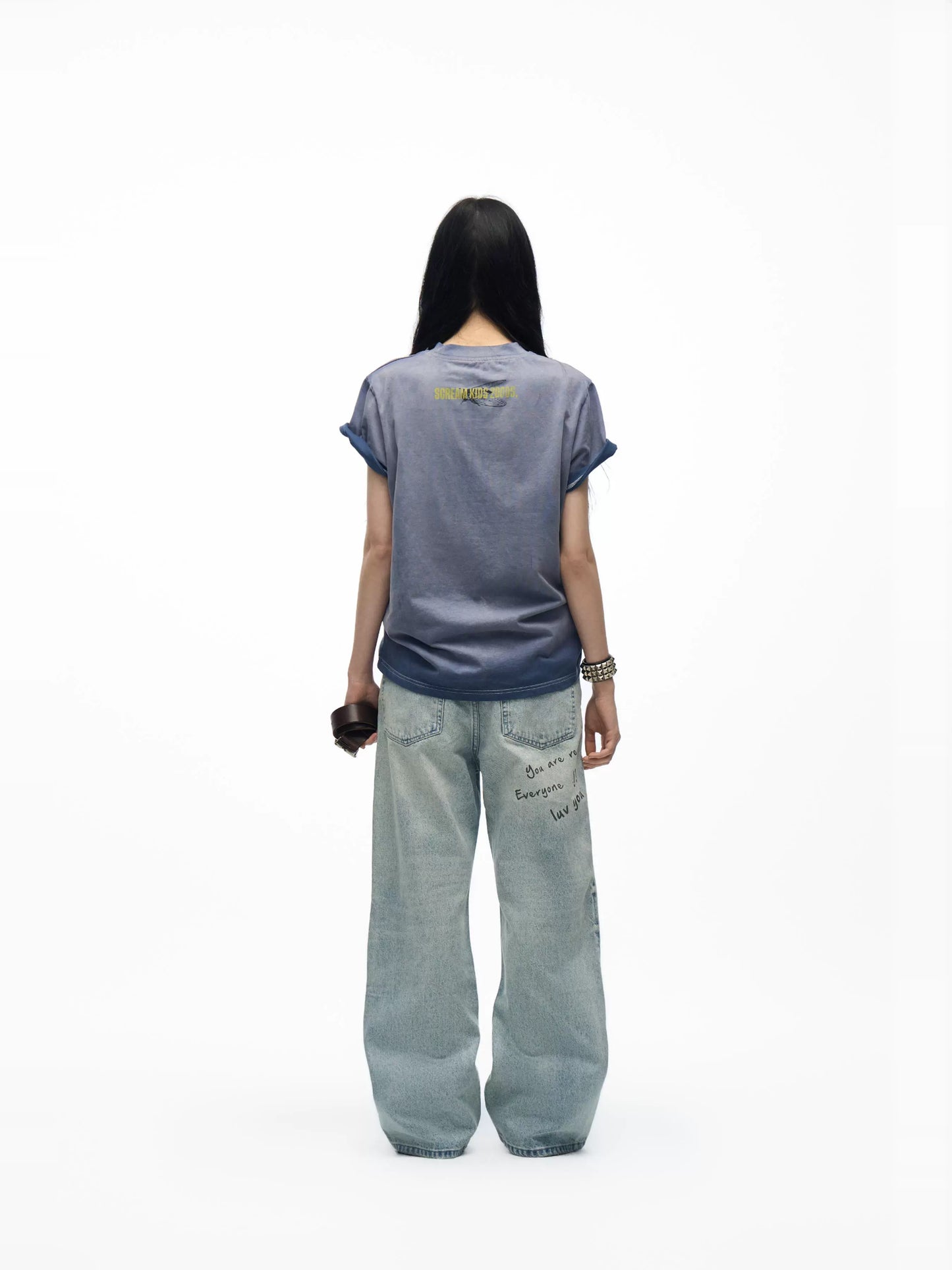 side studs washed bootcut jeans