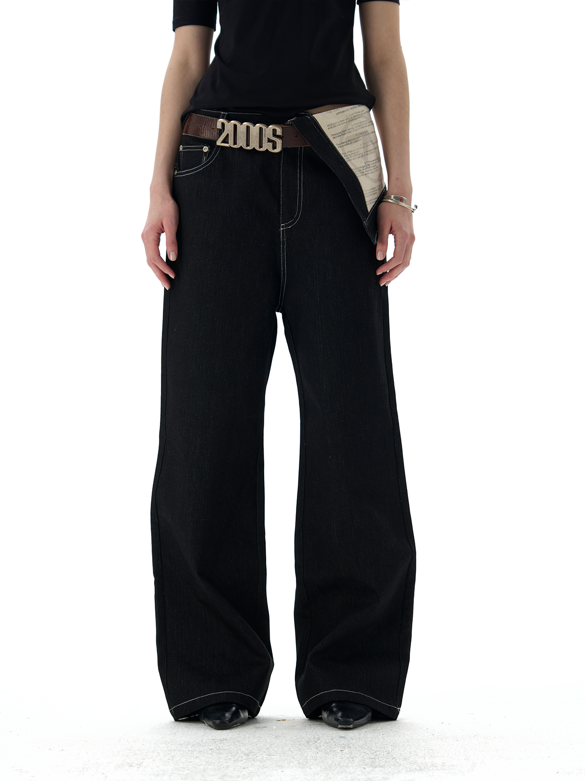 turned-waist black straight-leg jeans