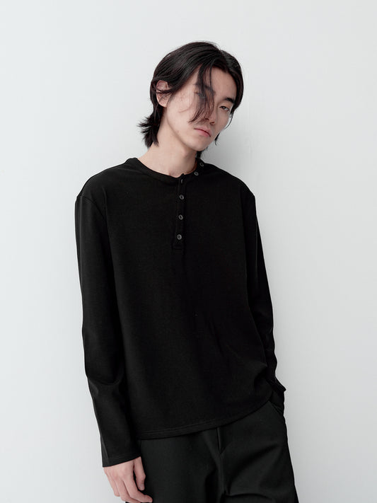Henry collar asymmetrical long-sleeve T-shirt