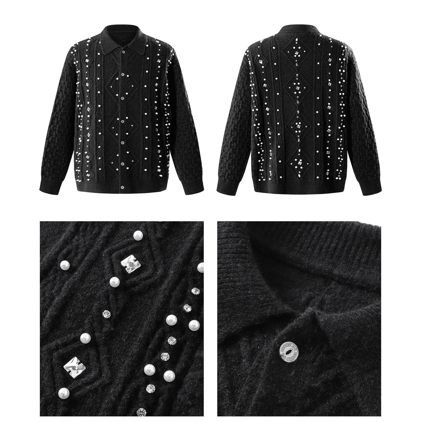 Moon pearl gemstone lapel sweater