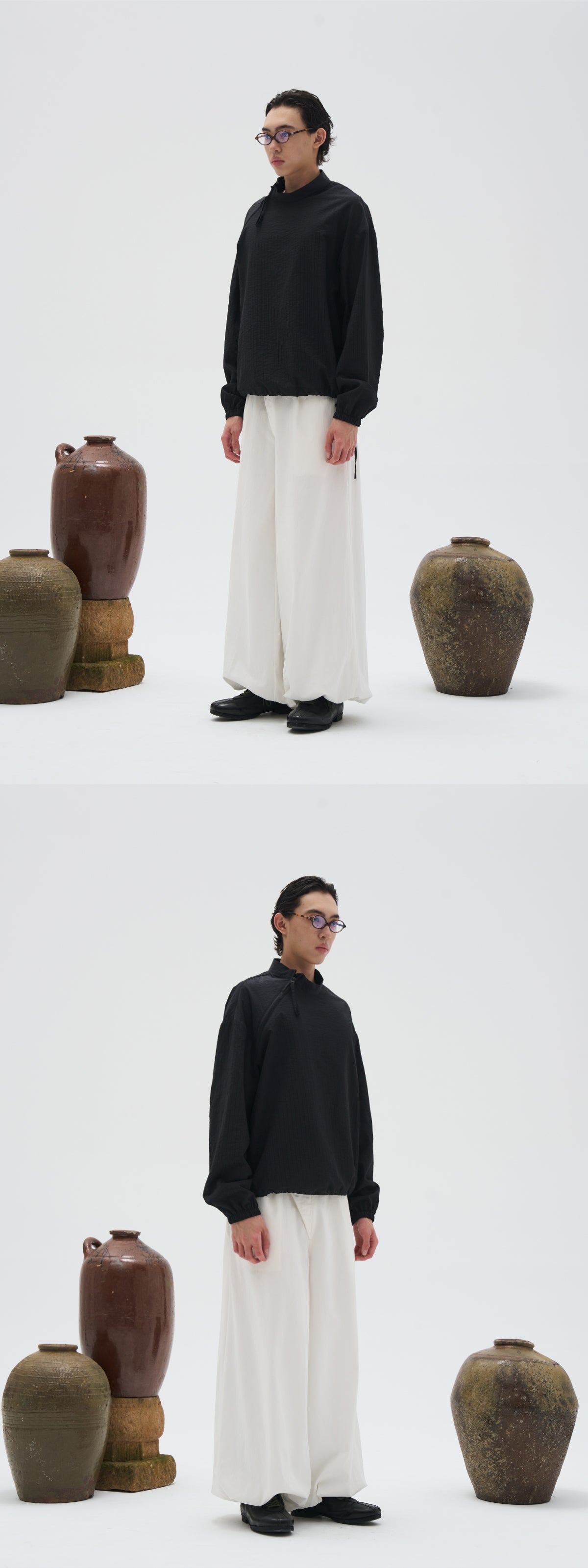 Two-tone striped textured bias neckline zip-up shirt