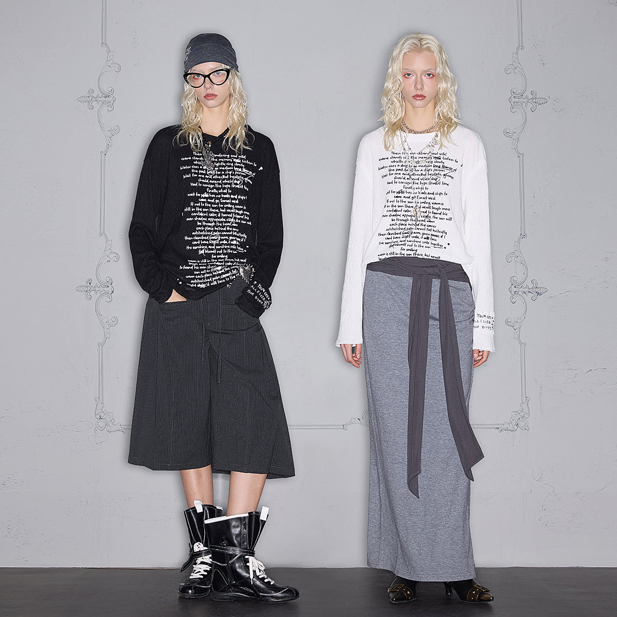Pleated letter slogan long sleeve T-shirt
