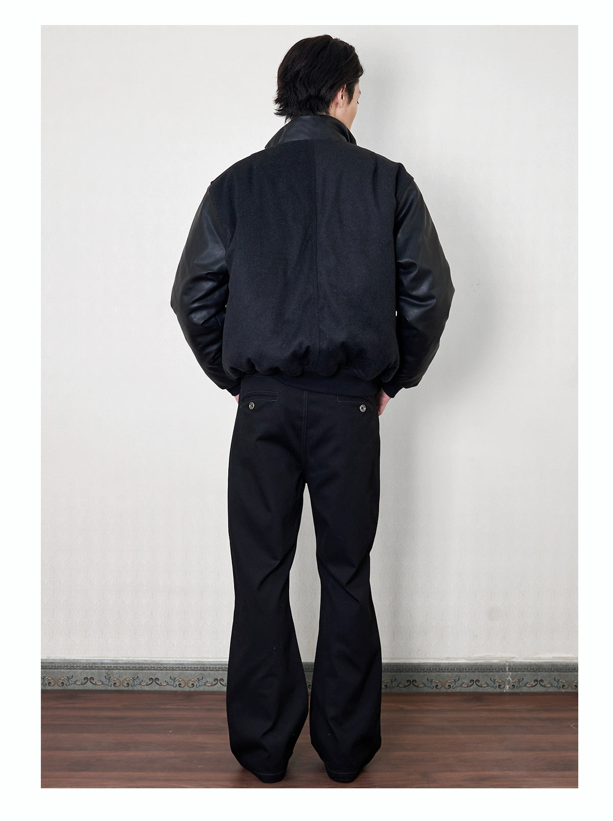 "soja" wool tweed leather sleeve jacket